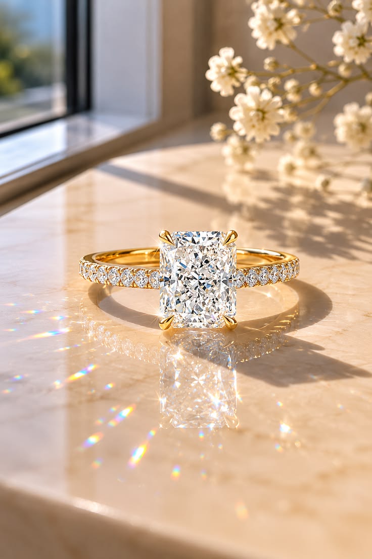Radiant cut diamond engagement ring